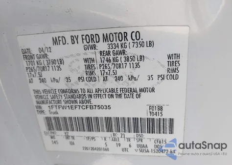 2012 Ford F-150 Xlt z USA, uszkodzony, nr VIN 1FTFW1EF7CFB75035